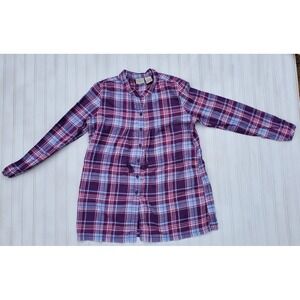 LL Bean Flannel‎ Shirt Dress Girls Sz Large 14 Purple Plaid Long Sleeve Belted